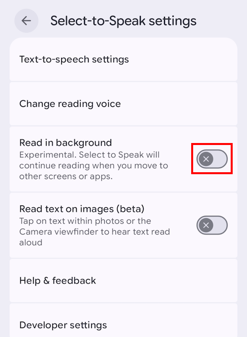 Tap the toggle switch for Read in background to turn it on